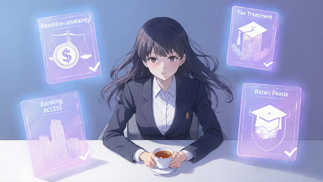Businesswoman reviews holographic crypto criteria checklist at a desk in shoujo manga style.