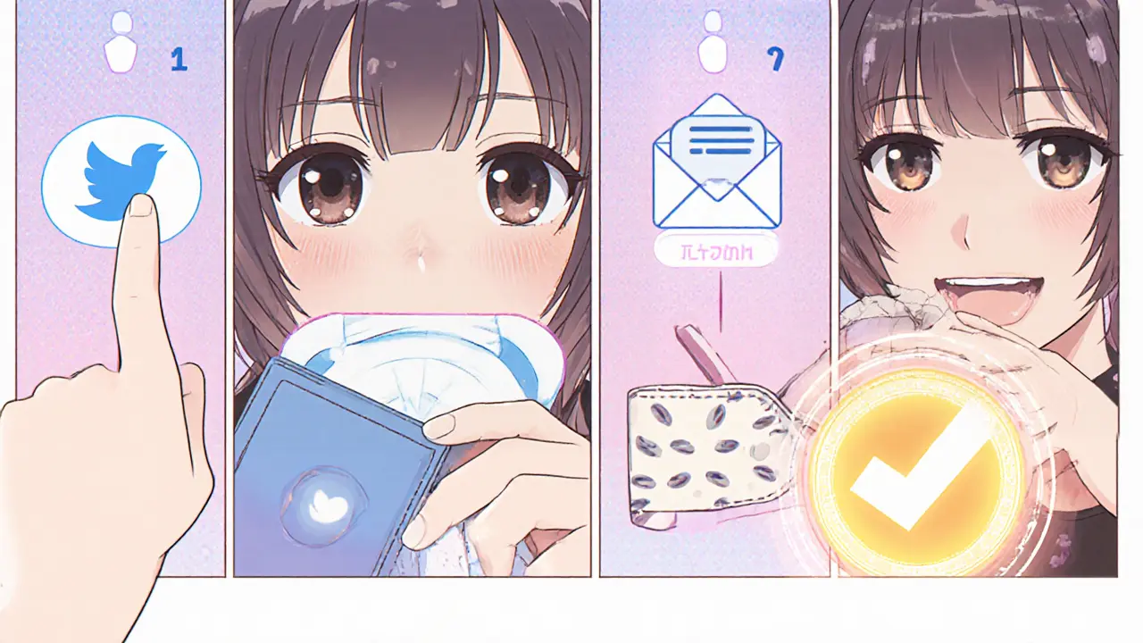 Comic strip of the girl following steps to claim the DUET airdrop: follow, email, wallet, confirmation.