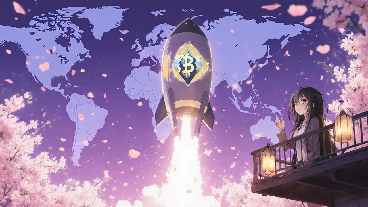 Crypto launch rocket with sakura petals and sunset sky in shoujo manga style.