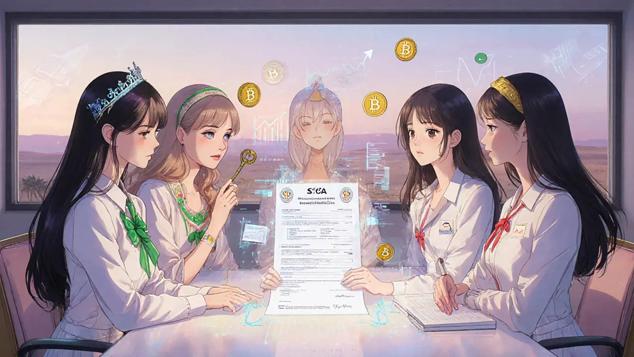 Five regulator figures discuss a holographic crypto license in a conference room.