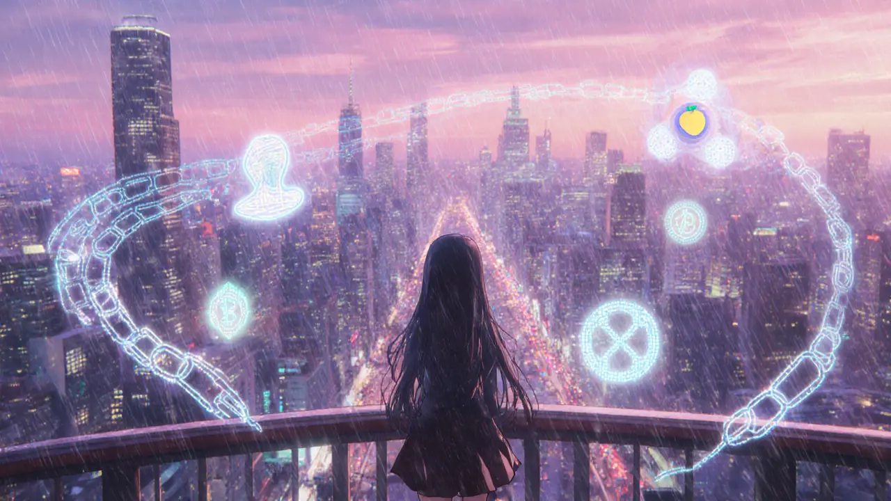 Future city scene with holographic icons of supply chain, identity, and payments.
