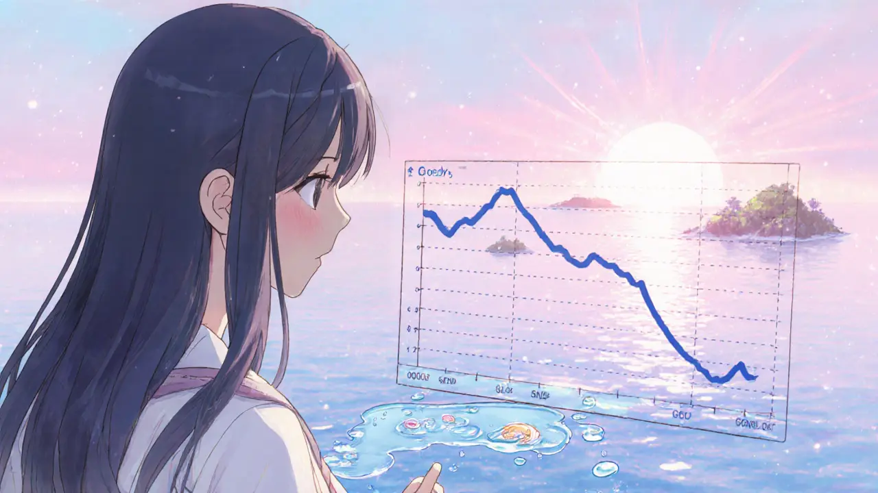 Girl looking at a dipping price chart, with tiny liquidity pool and hopeful sunrise in the background.