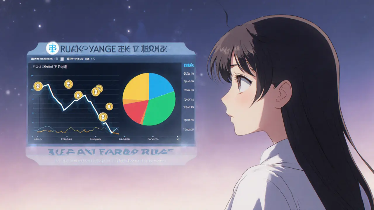 Girl pondering a falling price chart and token distribution pie chart, showing liquidity risks.