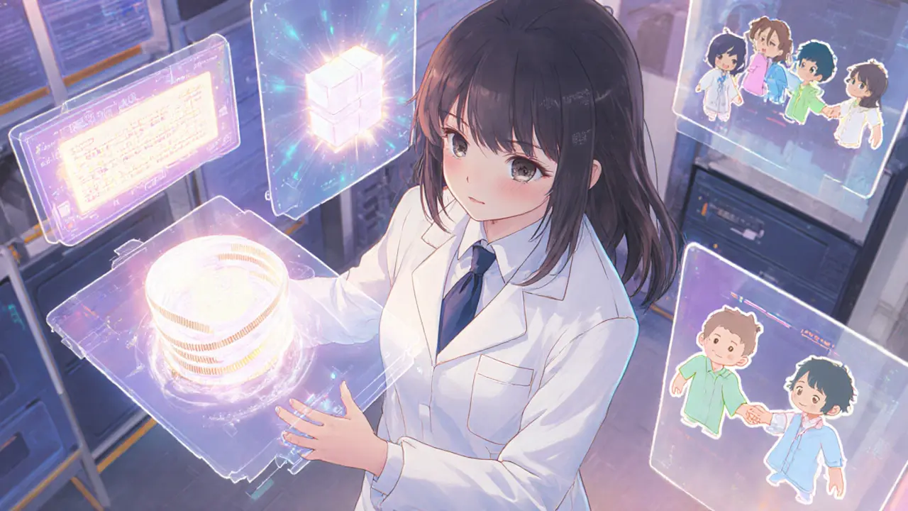 Heroine uses holographic panels showing transactions, blocks, and consensus.