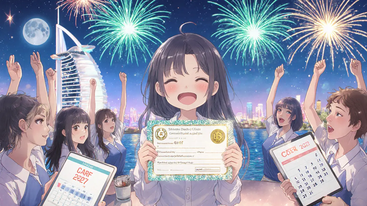 Rooftop celebration with fireworks, license holder and team marking CARF 2027.