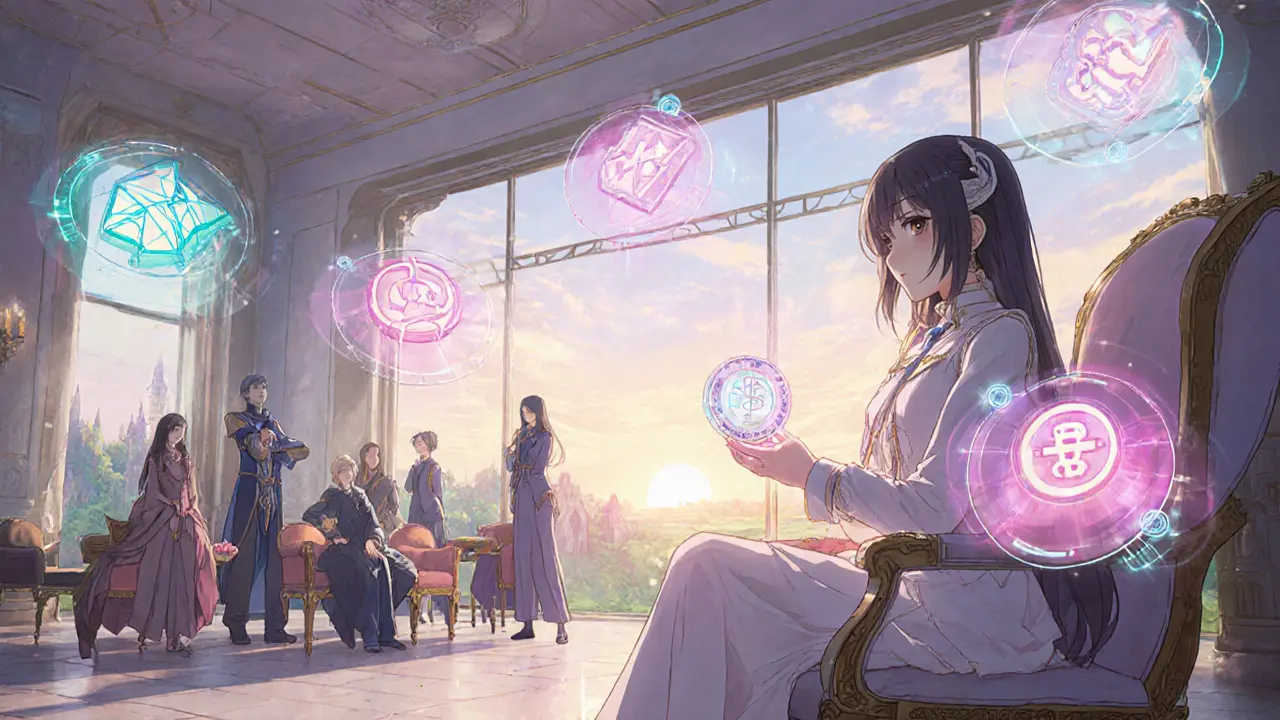 Shoujo heroine in a Web3 lobby holding a glowing Genesis NFT with holographic UI.