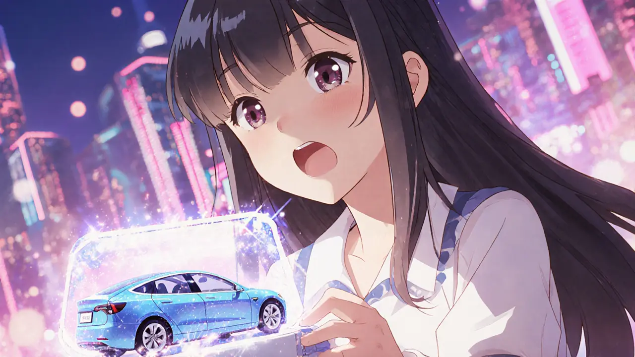 Shoujo heroine opens an NFT that reveals a sparkling pastel Tesla Model 3.