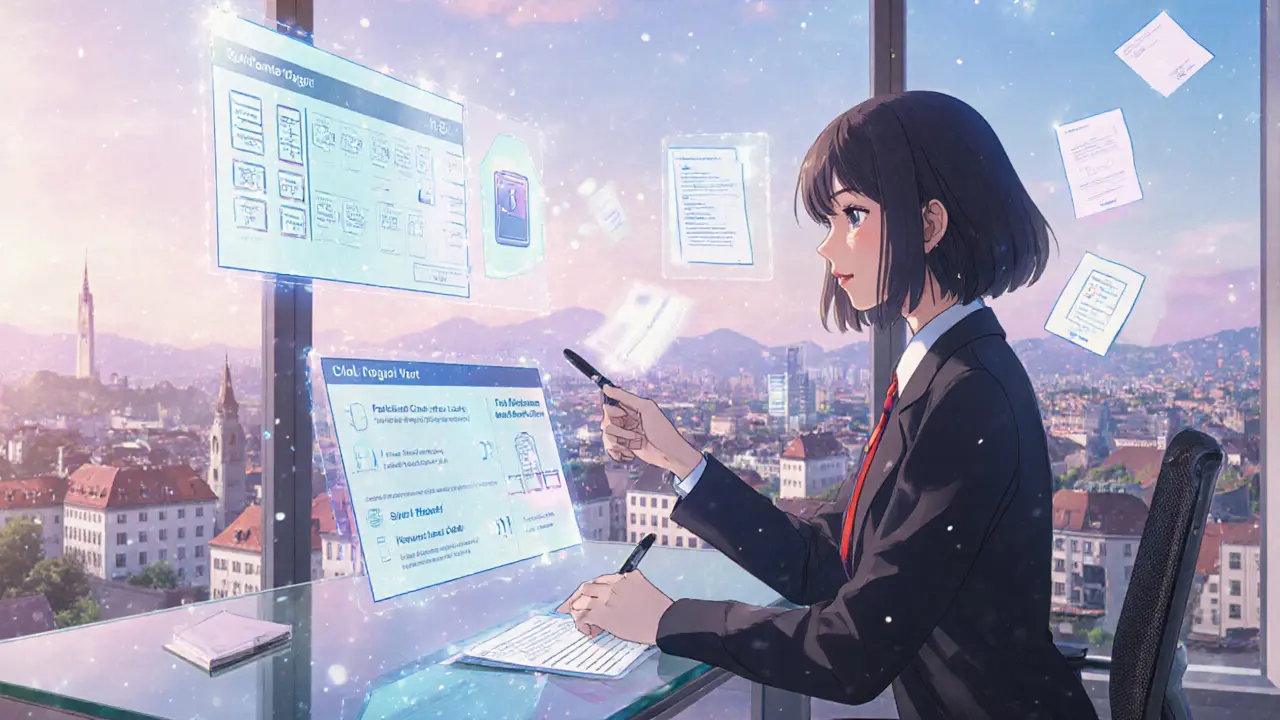 Woman at a desk with holographic screens showing multi‑sig wallet, cold storage, and timeline.