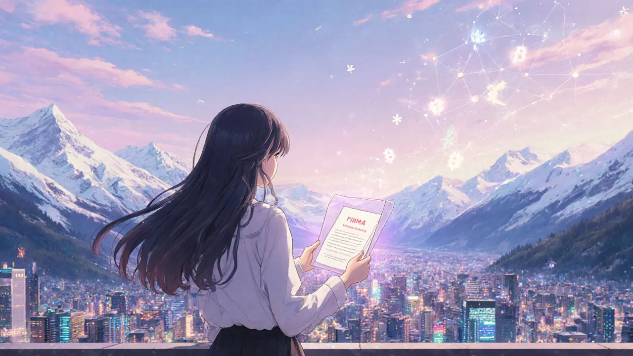 Woman on a balcony overlooking Crypto Valley with blockchain symbols in a sunset sky.