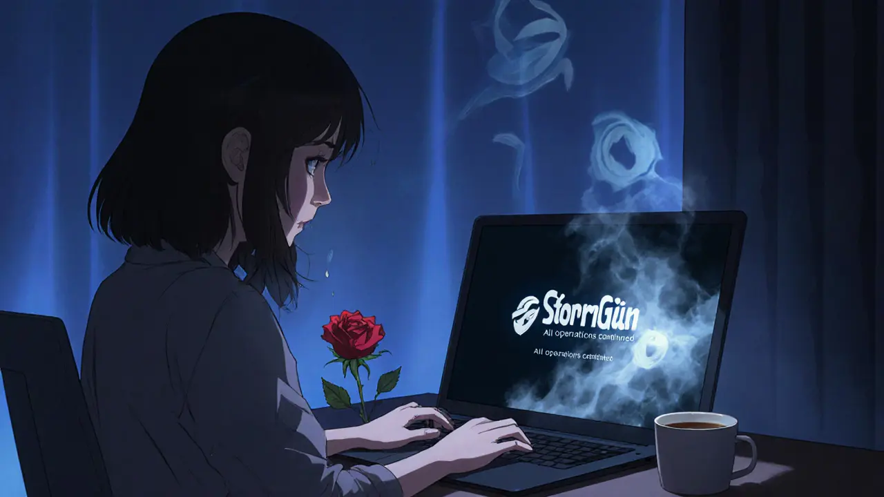 A girl crying in front of a dark screen with the message &#039;All operations discontinued&#039; in soft twilight.