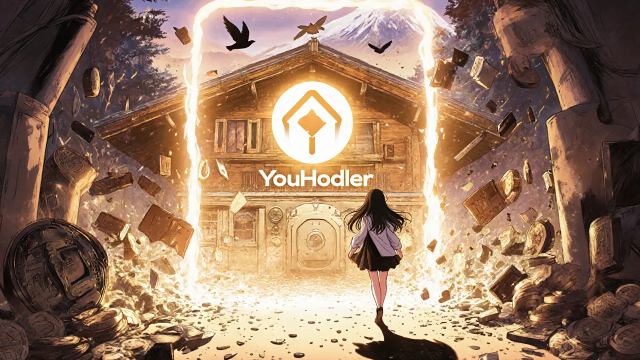 A girl stepping from a chaotic trading world into a peaceful Swiss chalet with a regulated crypto vault.