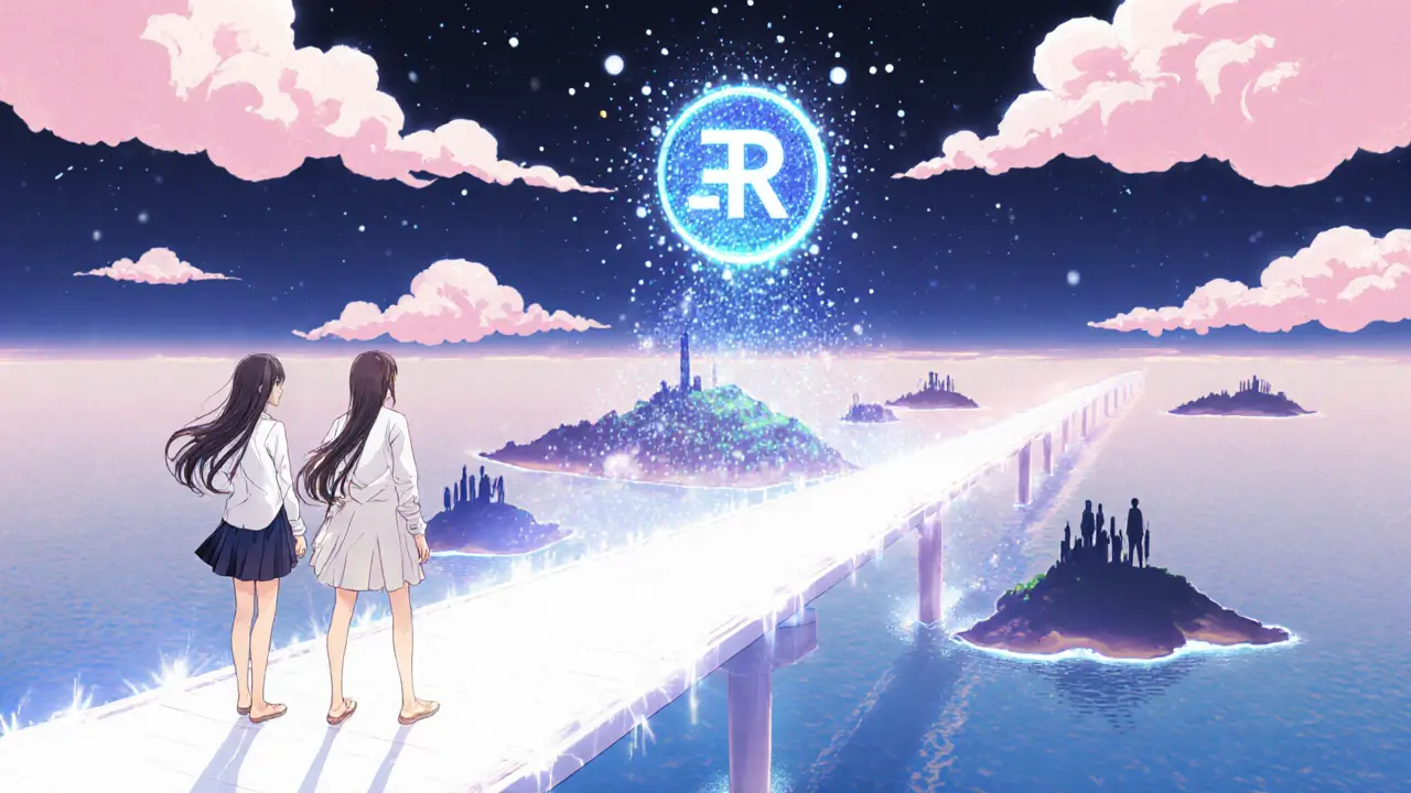 Characters stand before glowing Lumia bridge linking chains, ORN token floating, with subtle regulatory clouds.