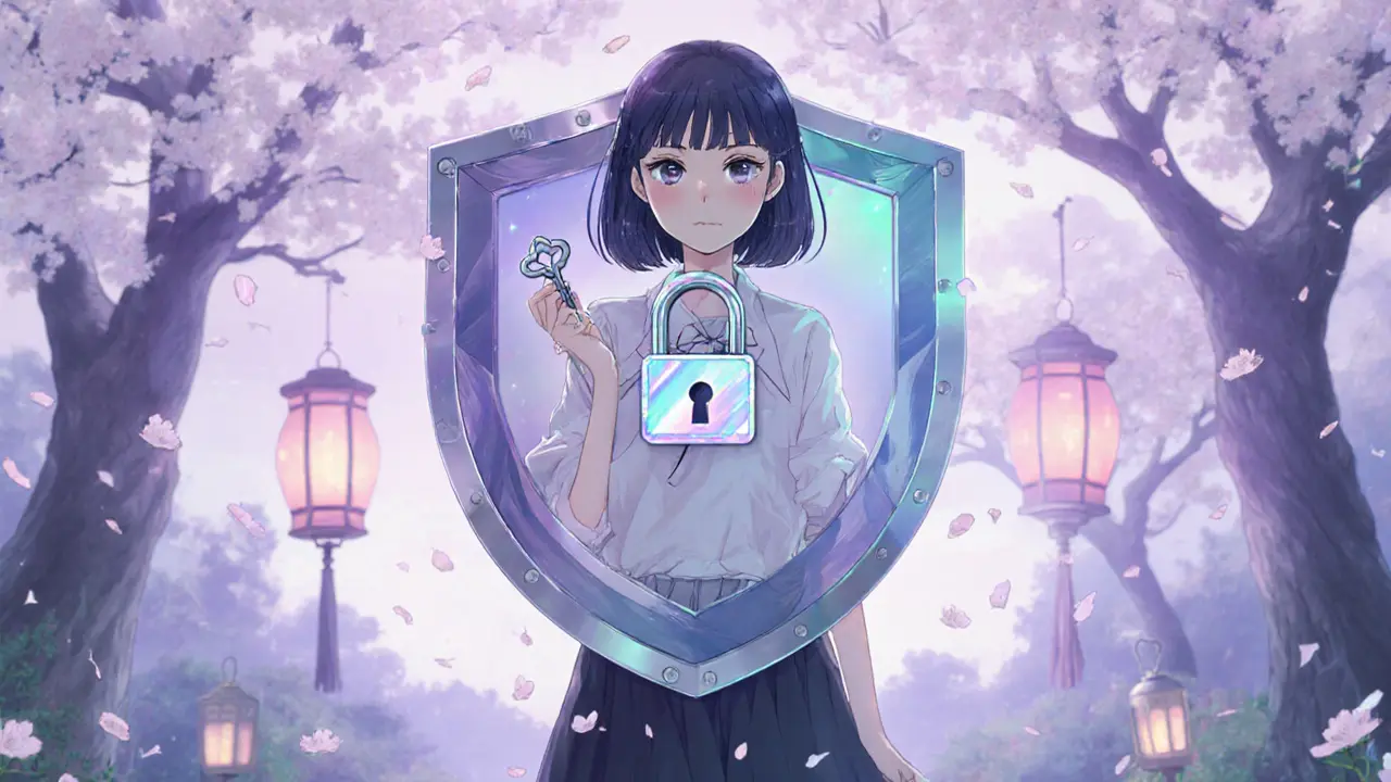 Confident heroine in a garden beside a layered shield symbolizing secure seed storage.