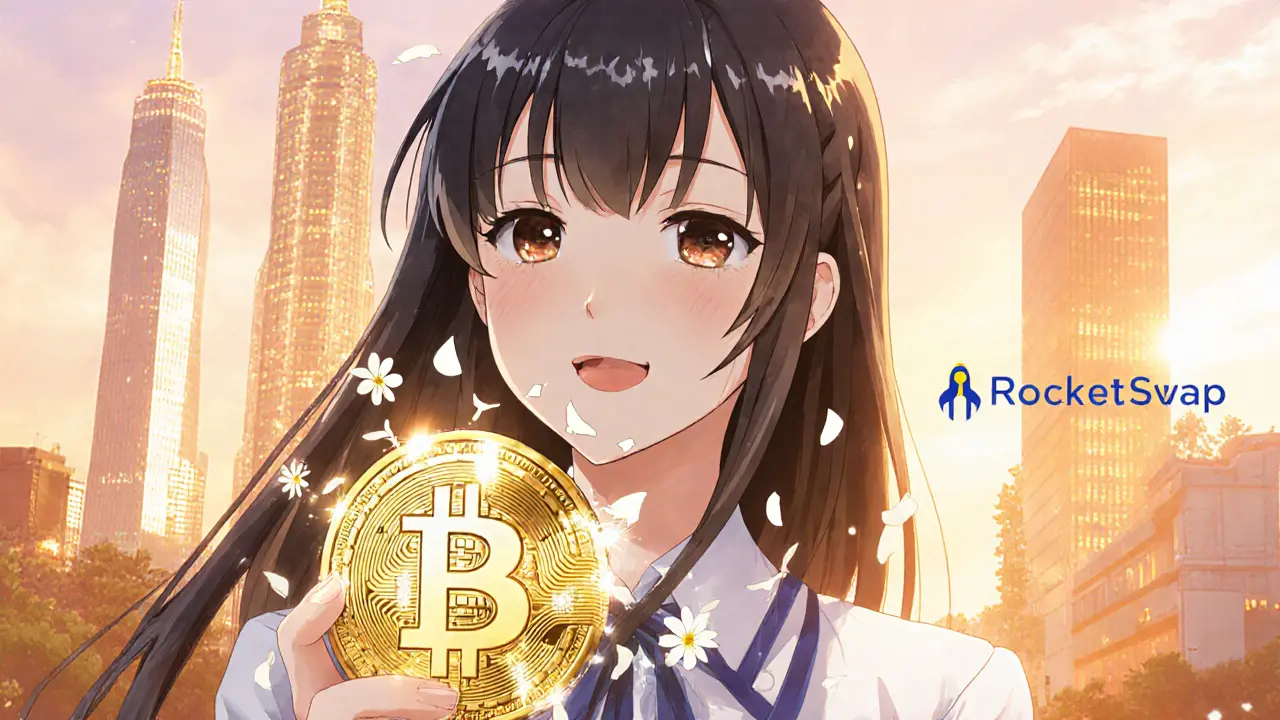 Confident trader holding a glowing crypto coin beside bright towers representing safe exchanges.