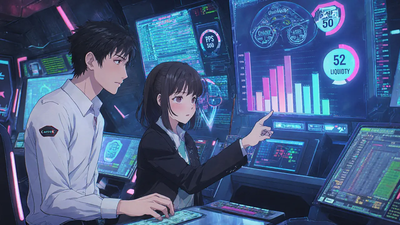 Futuristic room with holographic charts of TPS and gas fees, characters monitoring performance.