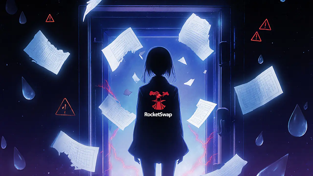 Ghostly vault with floating audit papers and a faint RocketSwap silhouette, conveying security concerns.