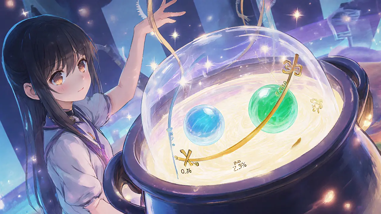 Girl in magical lab beside glowing token cauldron representing AMM, fee sparkles.