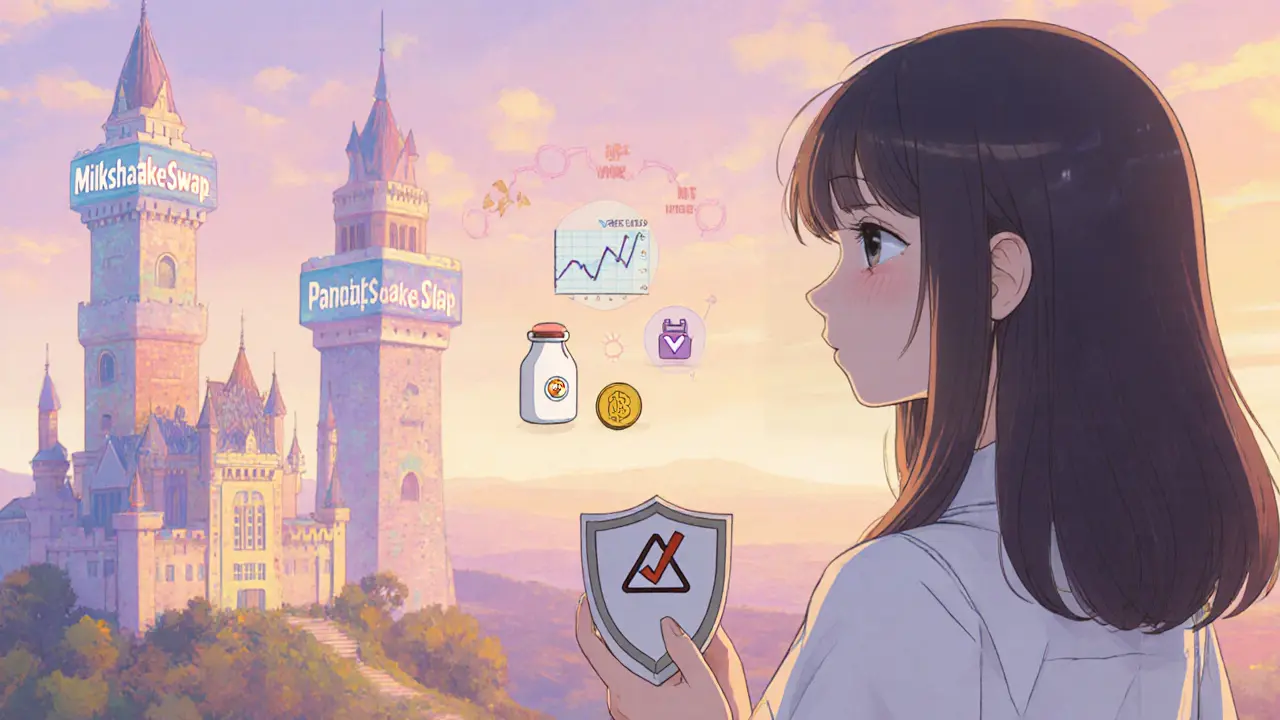 Girl looking at small MilkshakeSwap castle near larger rivals, with risk icons and sunset.