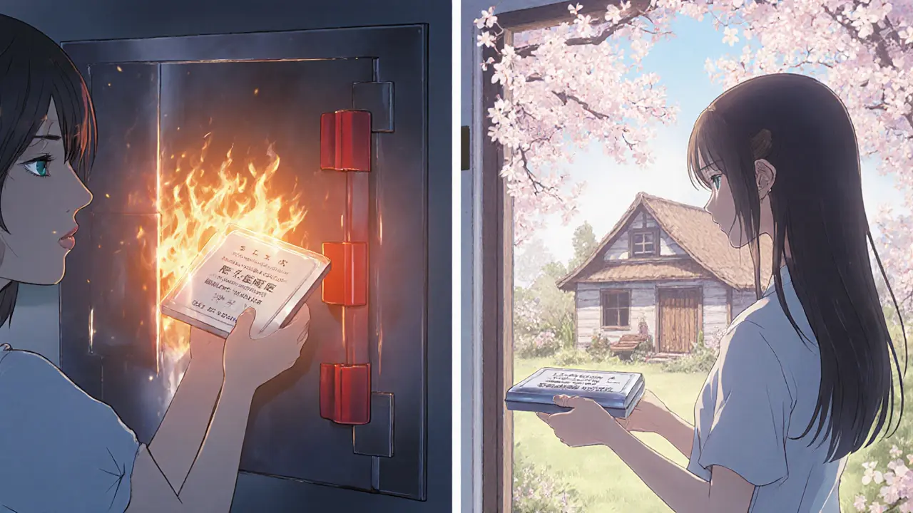 Heroine placing a metal seed backup in a fire‑safe and giving another to a friend at a cottage.