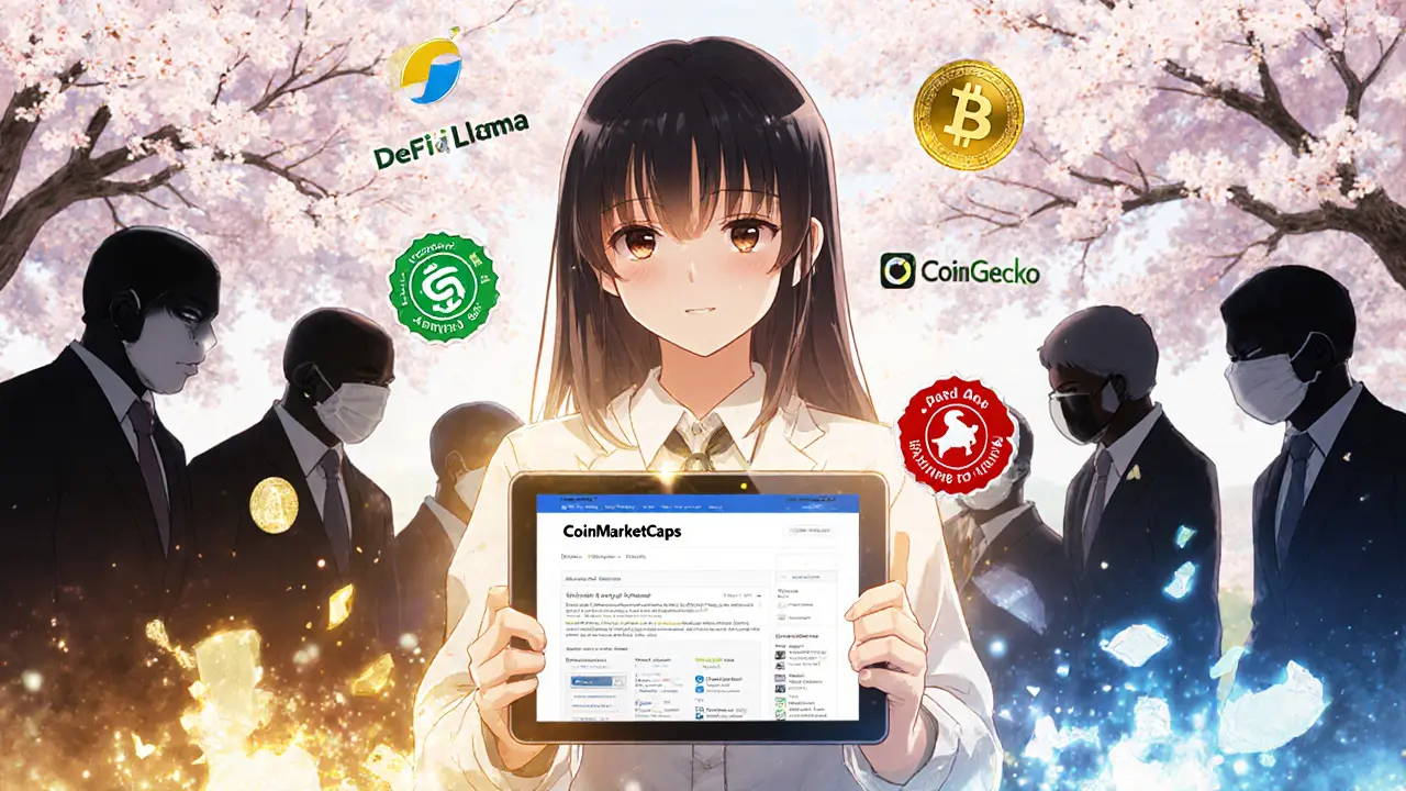 A girl holding a verified CoinMarketCap airdrop page as scammer figures dissolve into ash behind her.