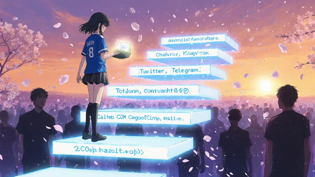 A girl reaches for the final step in a dreamy sky of nine airdrop tasks, others fading behind her.