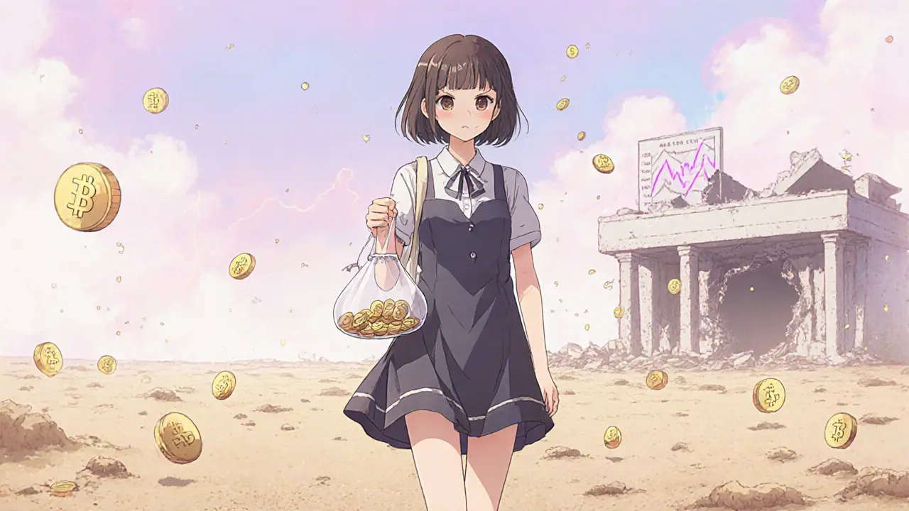 Cautious heroine stands in a dusty landscape of tiny AOC coins, symbolizing low‑liquidity risk.