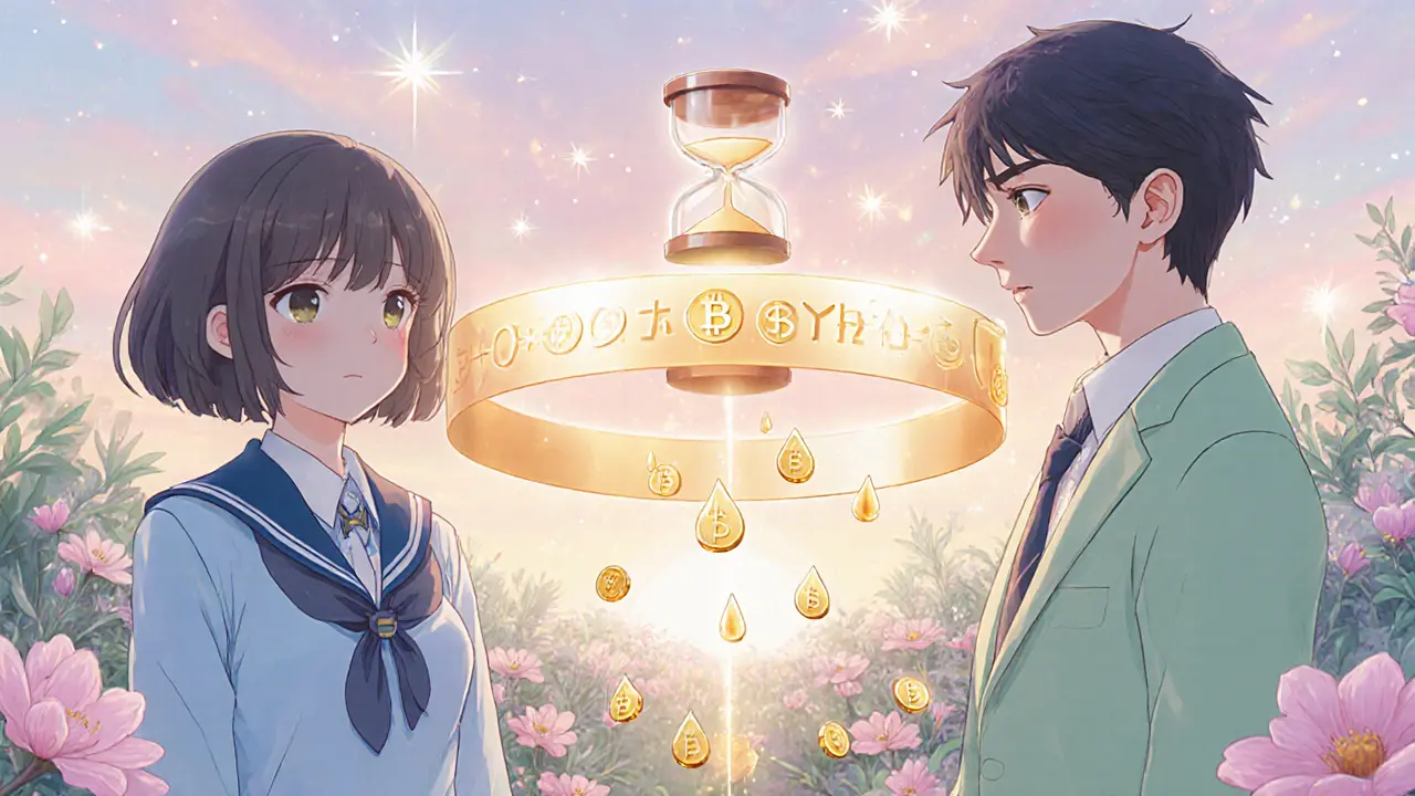 Characters in token garden showing a glowing price range band and auto-compounding yields.