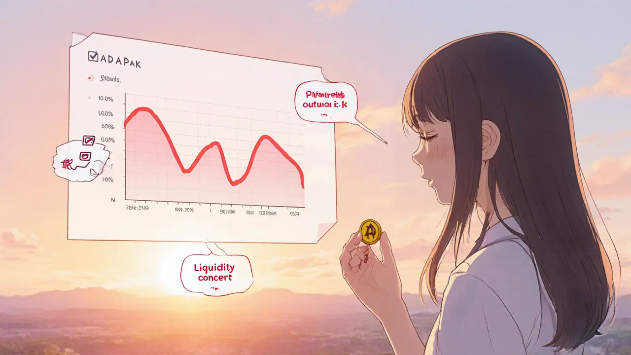 Female protagonist reviews a risk chart while hopeful sunrise glows behind her.