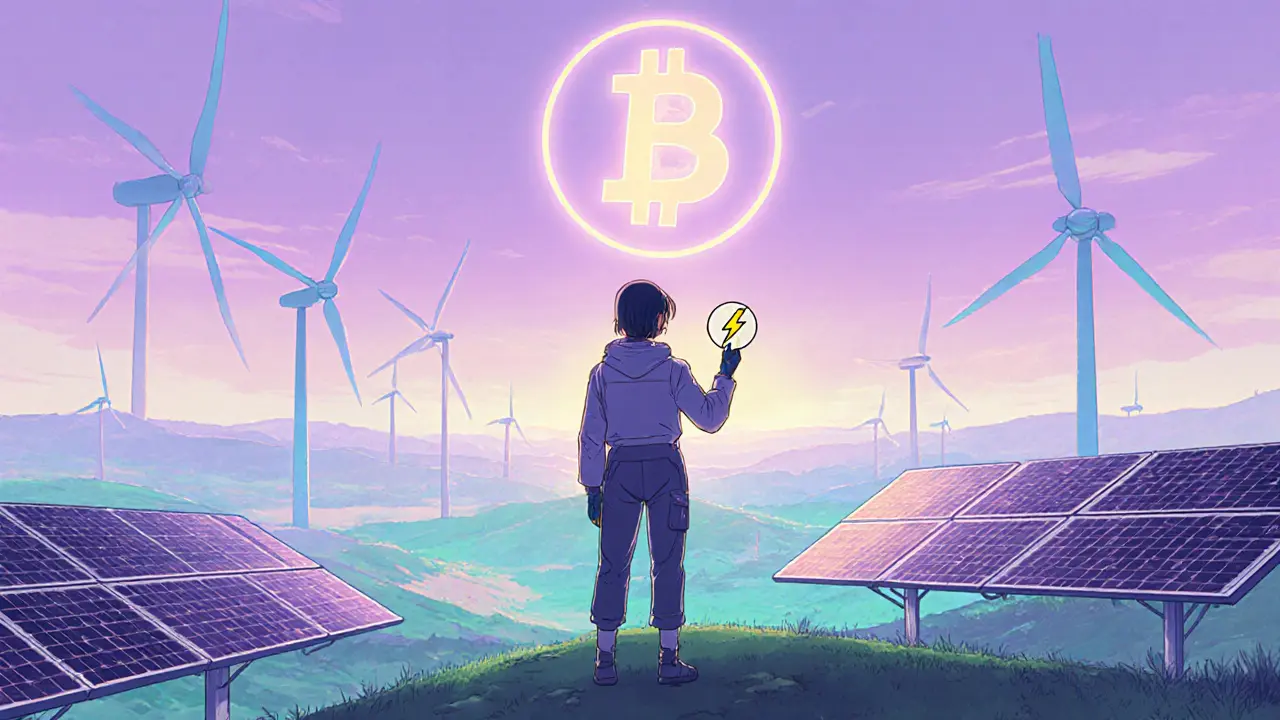 Futuristic miner gazes at solar‑powered landscape with glowing Bitcoin logo.