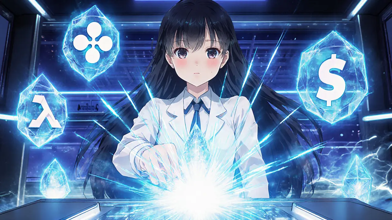 Girl activates holographic crystals showing instant finality with bright light.