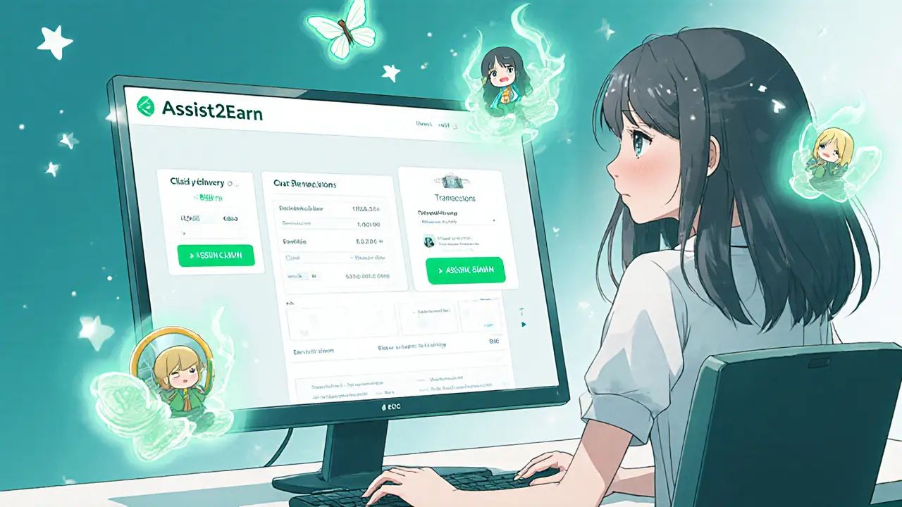 Girl at a computer with a glowing claim button and floating gas‑fee fireflies, friends nearby.