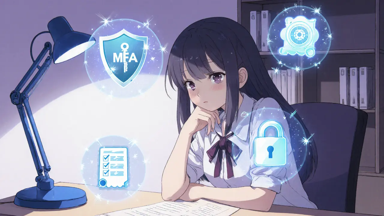 Girl at desk examines floating security icons like shield, vault, and checklist.