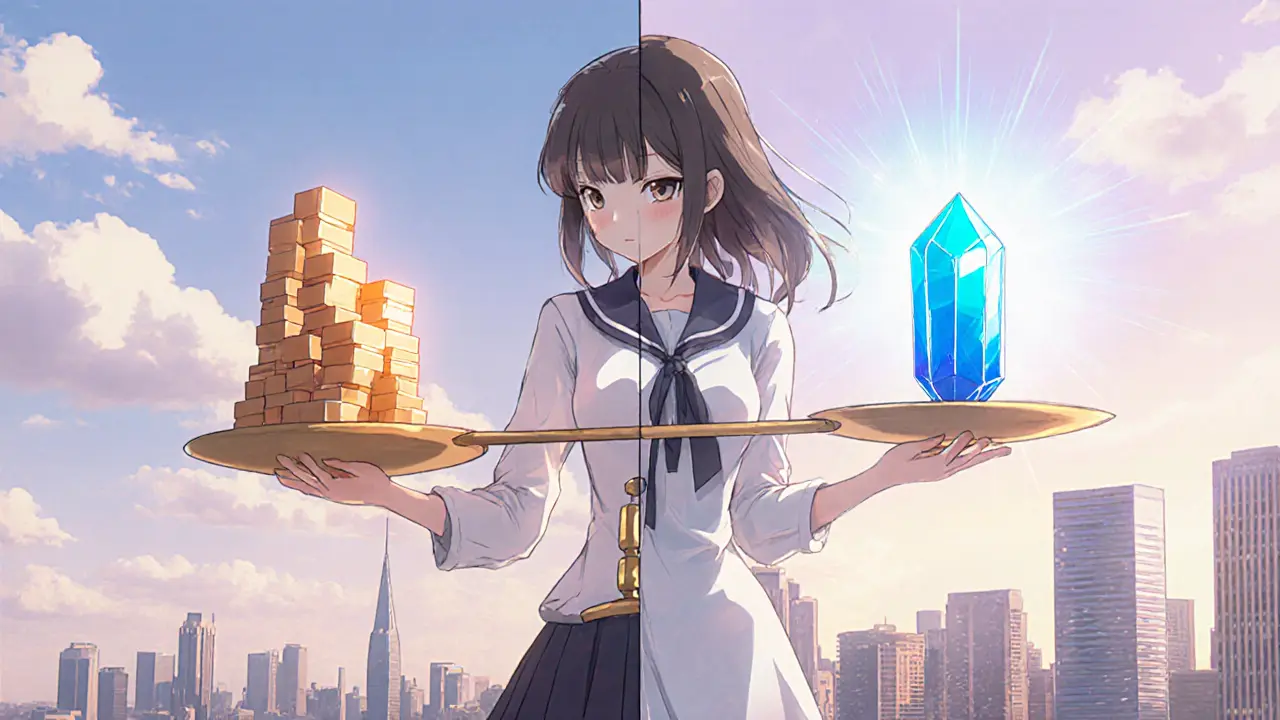 Girl balances scales of block stack and crystal over an Australian city, depicting trade‑offs.