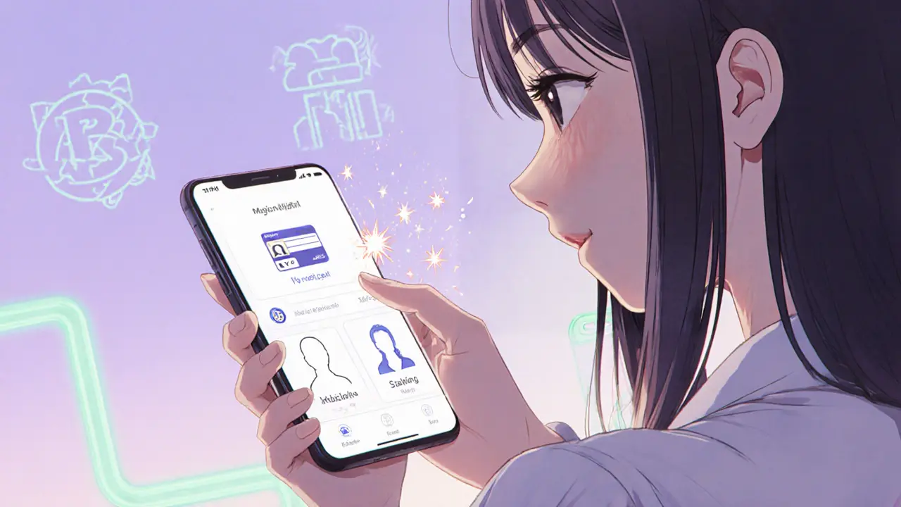 Girl connects a crypto wallet on her phone, completing KYC and staking tokens.