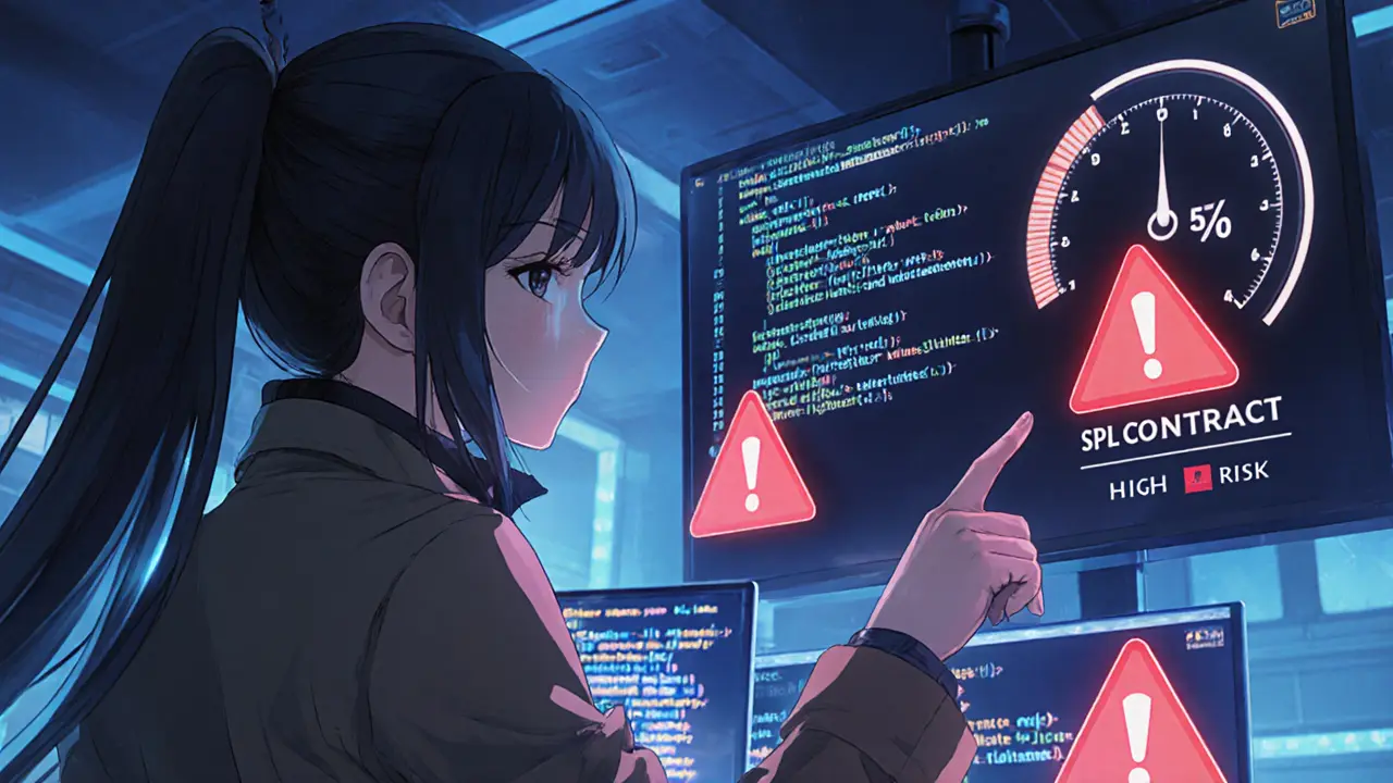 Girl detective examines red‑flagged audit code with a 53% security meter in a tech lab.