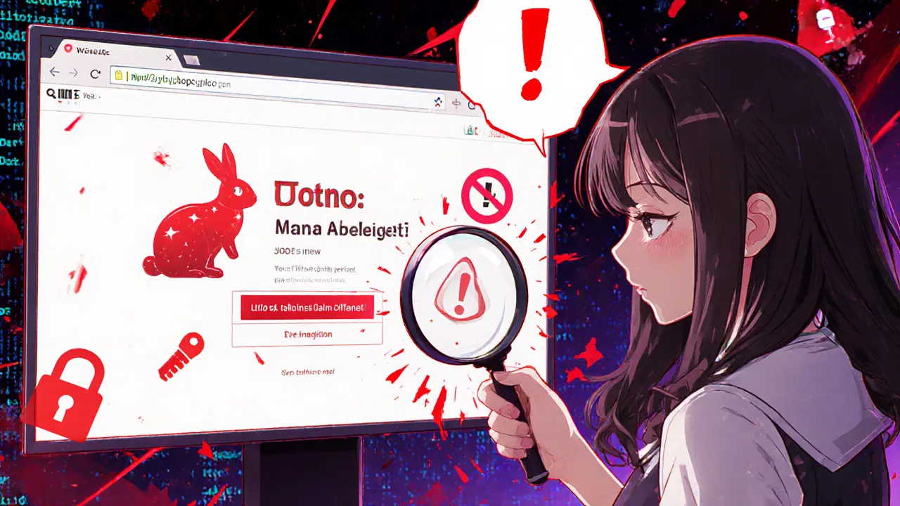 Girl examines a fake airdrop webpage with red warning symbols and suspicious URL.