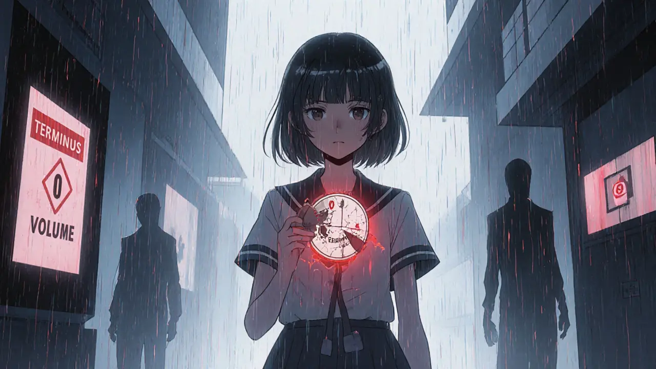 Girl in rainy alley holding a broken coin, surrounded by empty trade screens and red warnings.