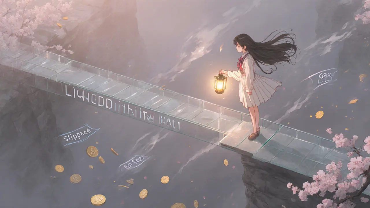 Girl on a fragile glass bridge over mist, DGMOON tokens falling like cherry blossoms.