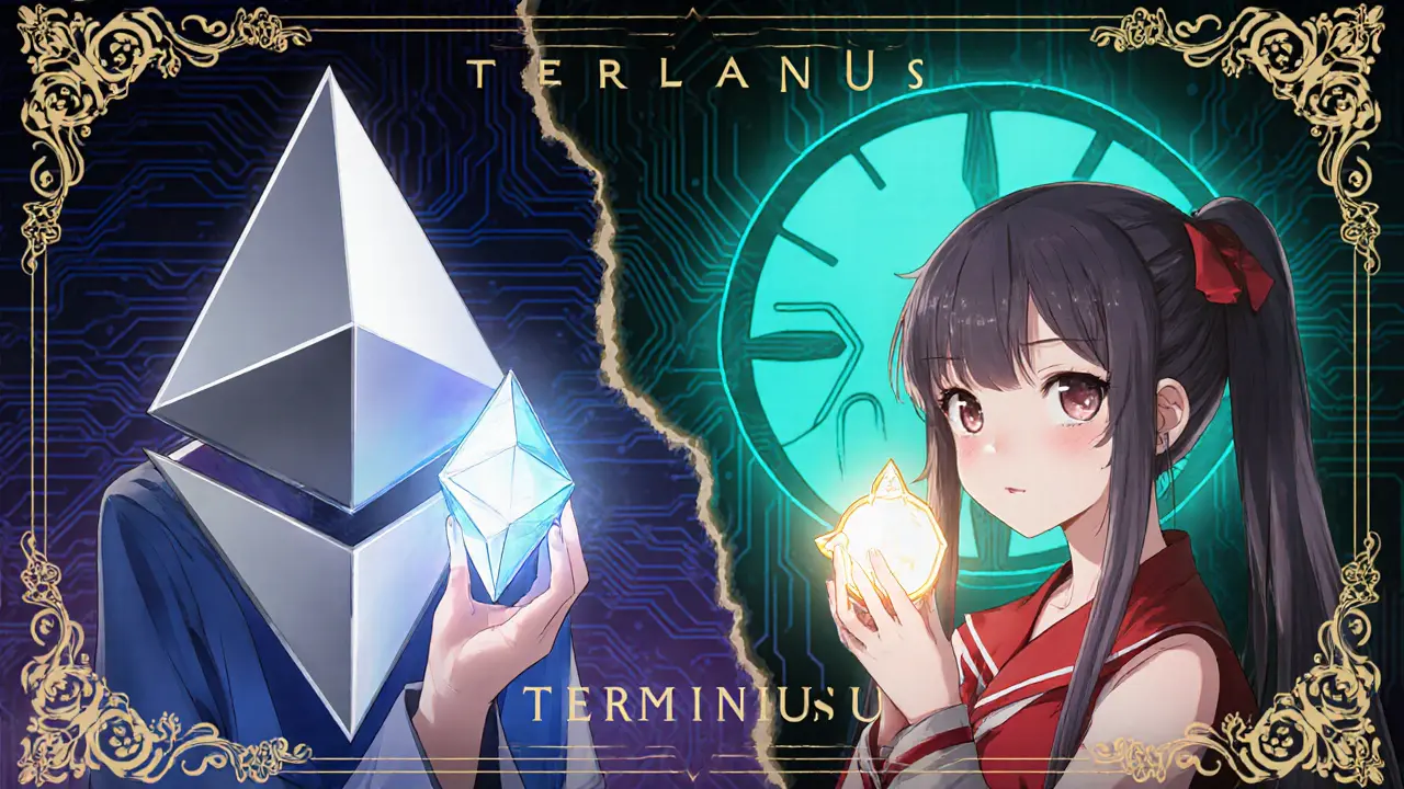 Girl split between Ethereum (blue) and Solana (red) tokens, showing blockchain confusion.