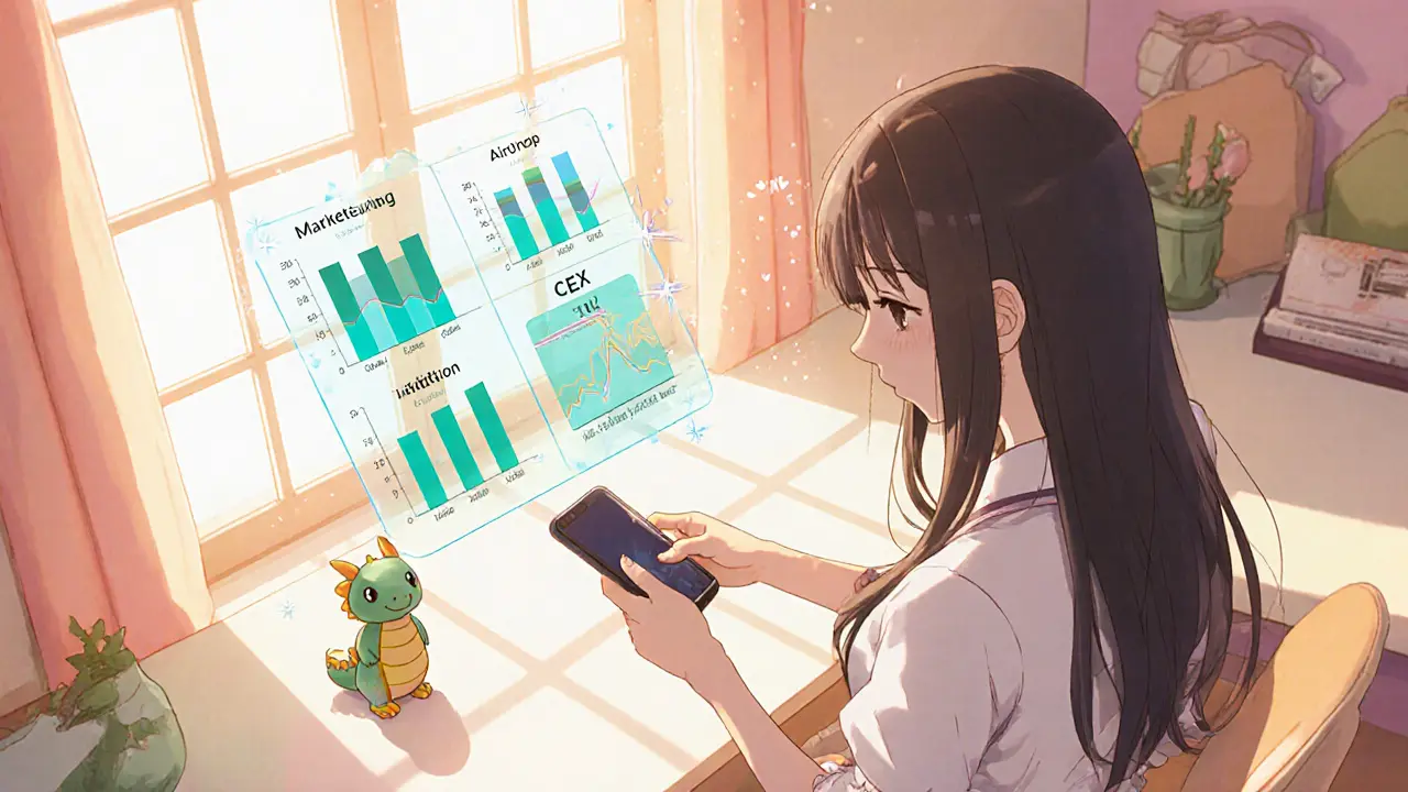 Girl using a phone to swap SOL for SMOG, with holographic tokenomics charts floating nearby.