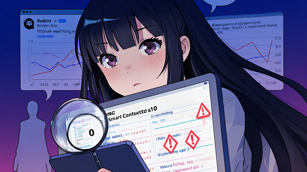 Heroine examining MMF contract on a tablet, highlighting zero supply and red‑flag warnings.