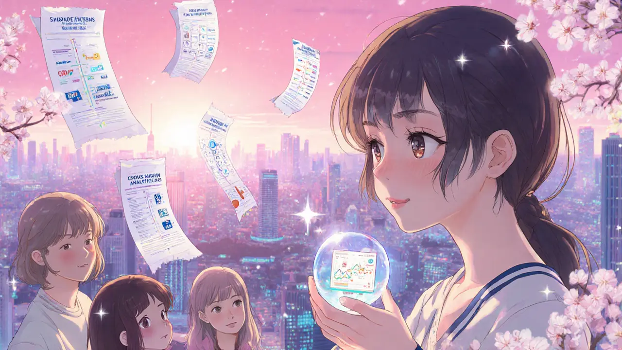 Heroine gazing at neon city skyline with futuristic roadmap elements for Thruster v3.