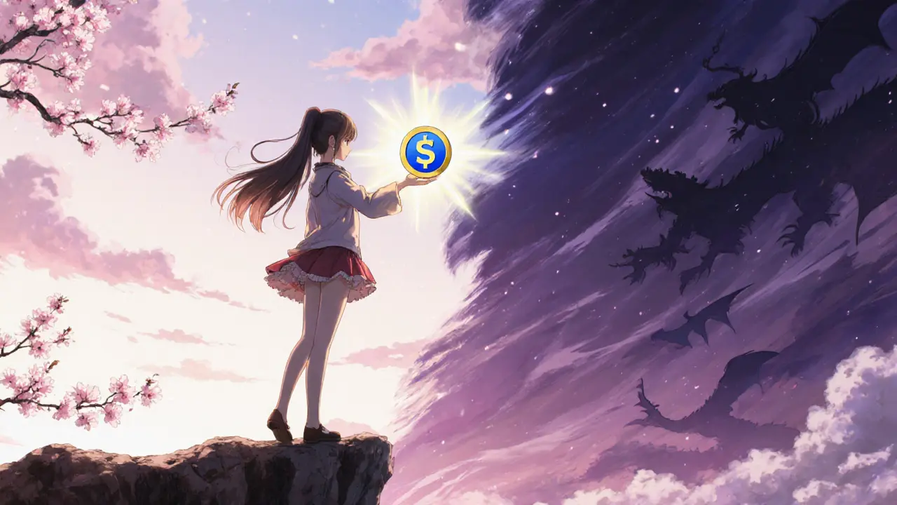 Heroine on a cliff holding SMOG token, half bathed in light, half in stormy shadows representing risk and reward.