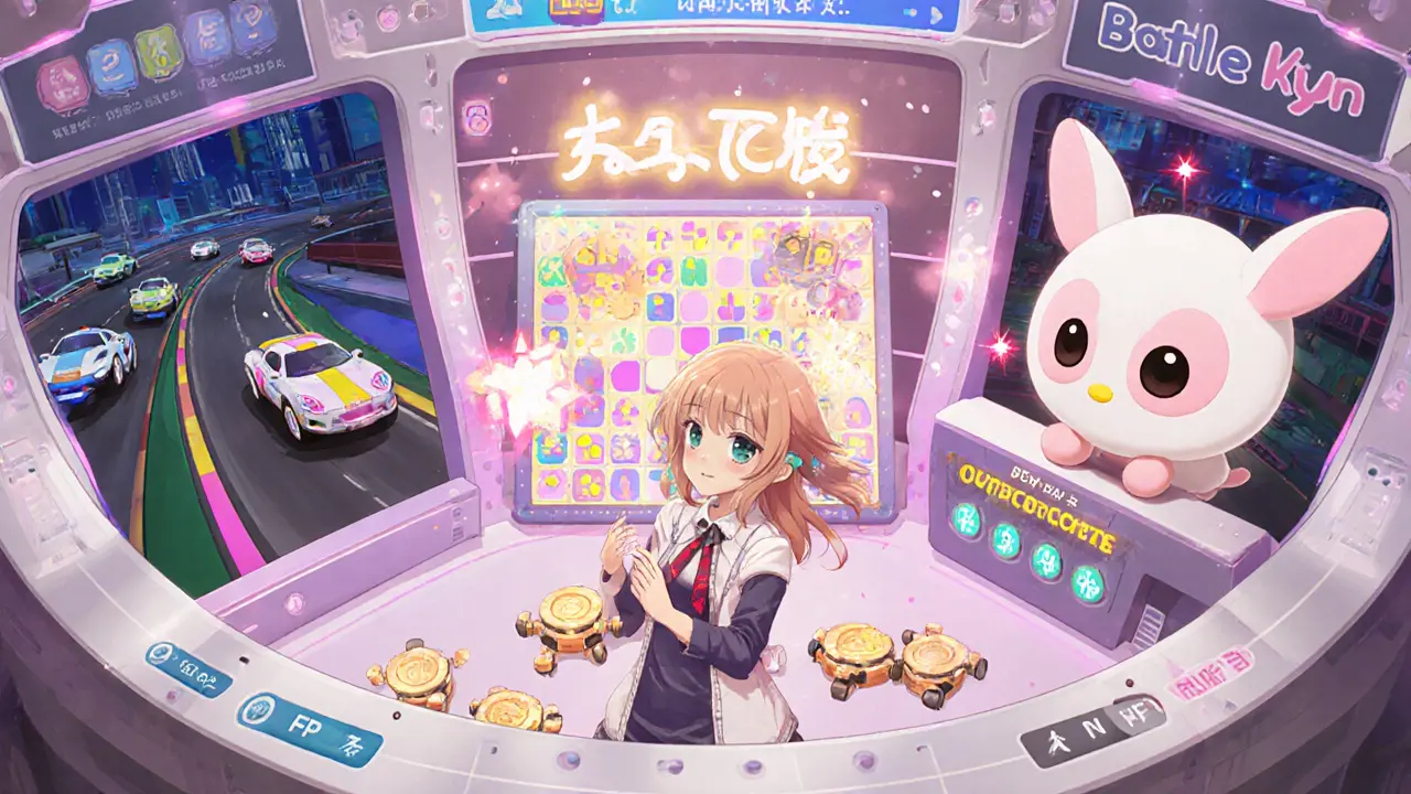 Heroine plays mini-games, earns FP tokens, and customizes a PlushKyn NFT.