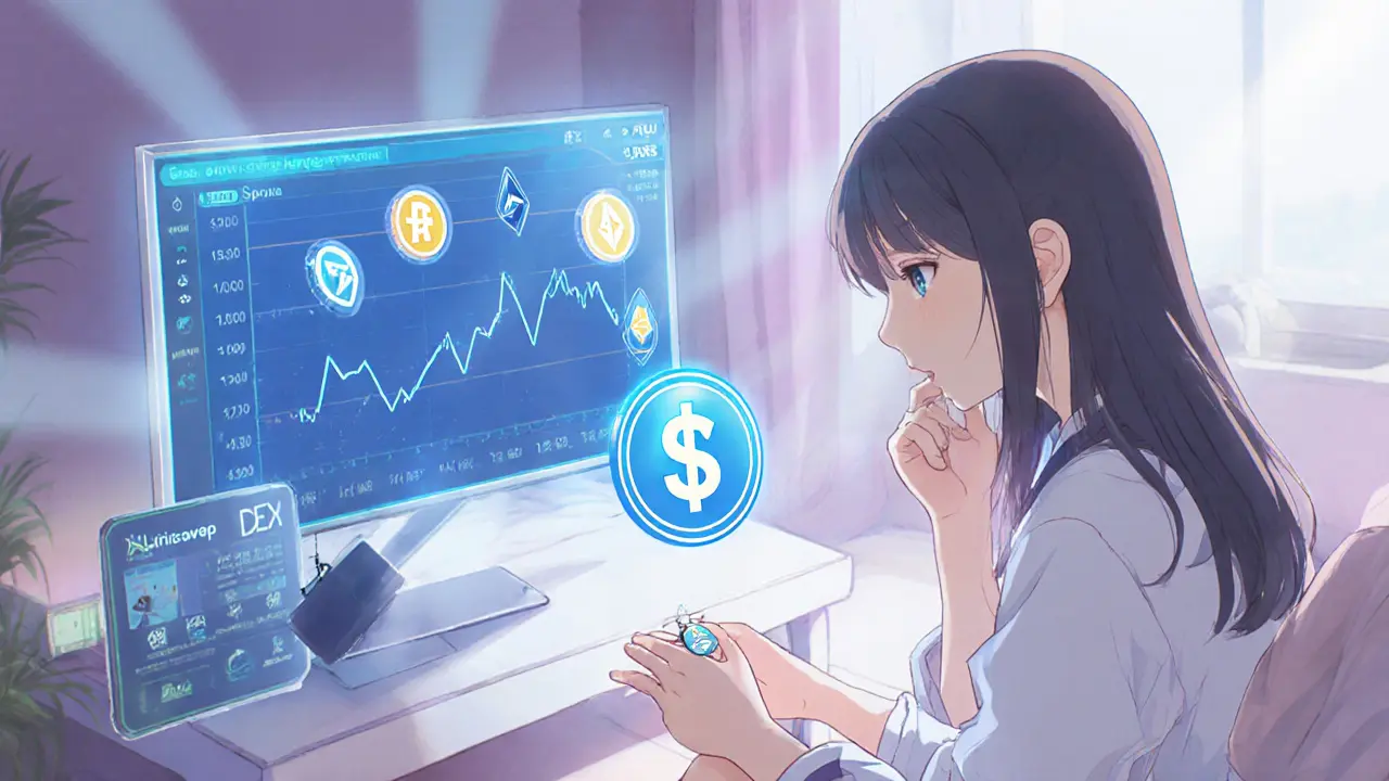 Heroine reviews FP token balance and DEX swap on a holographic screen.