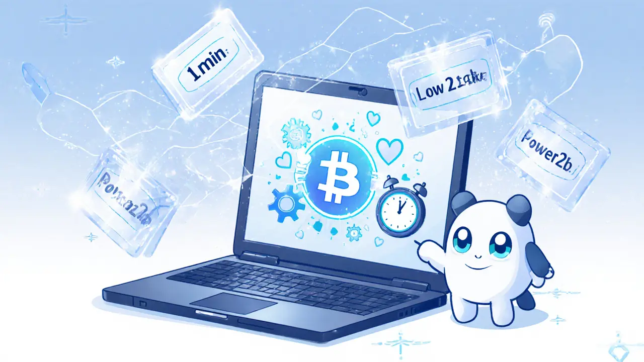 Laptop mining MBC with floating blocks and a friendly Power2b mascot.