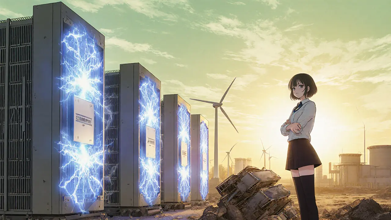 Modern mining farm with sleek ASICs, wind turbines, and confident engineer.