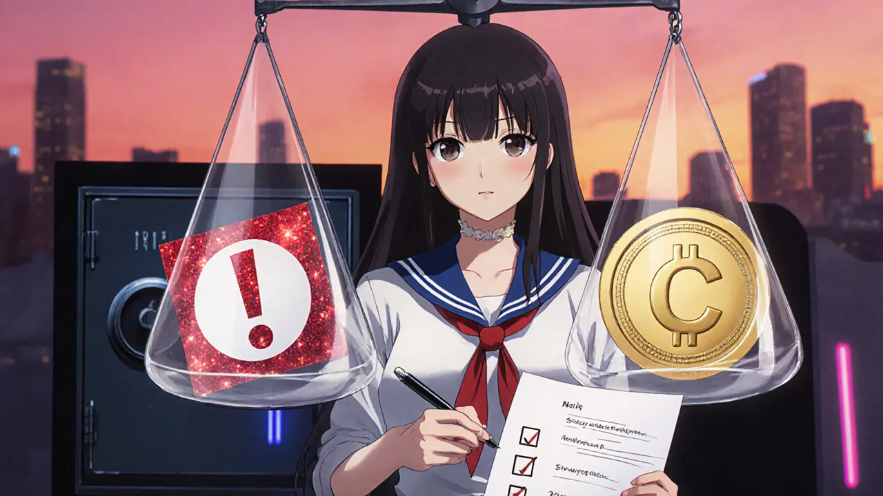 Protagonist balances red flag and golden coin on a scale, indicating risk versus reward.