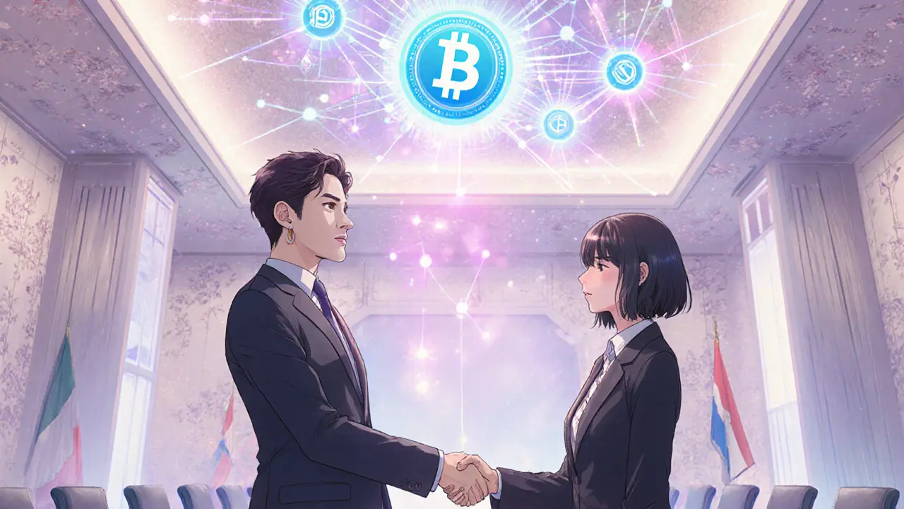 Regulator and partner shake hands as holographic blockchain and CBDC token hover.