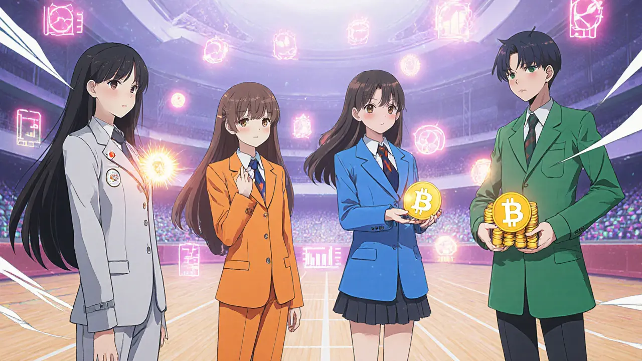 Shoujo manga style depiction of four characters representing SNARK, STARK, Bulletproofs, and zk‑Rollup with varied proof sizes.